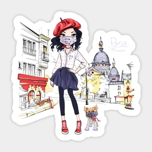 Girl in Paris walks a dog on quarantine Sticker